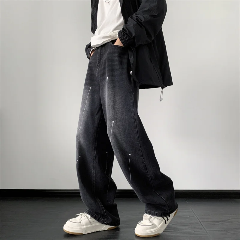 

Autumn New Korean Men's Casual Long Jeans 2024 Male Straight Trousers Denim Wide Legs Pants Casual Solid Colored Clothing P167