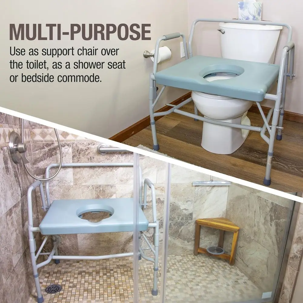 DMI Drop Arm Portable Toilet Commode, Extra-Wide Seat, 500 Pound Weight Capacity, Bucket with Lid Included, Adjustable Legs, Eld