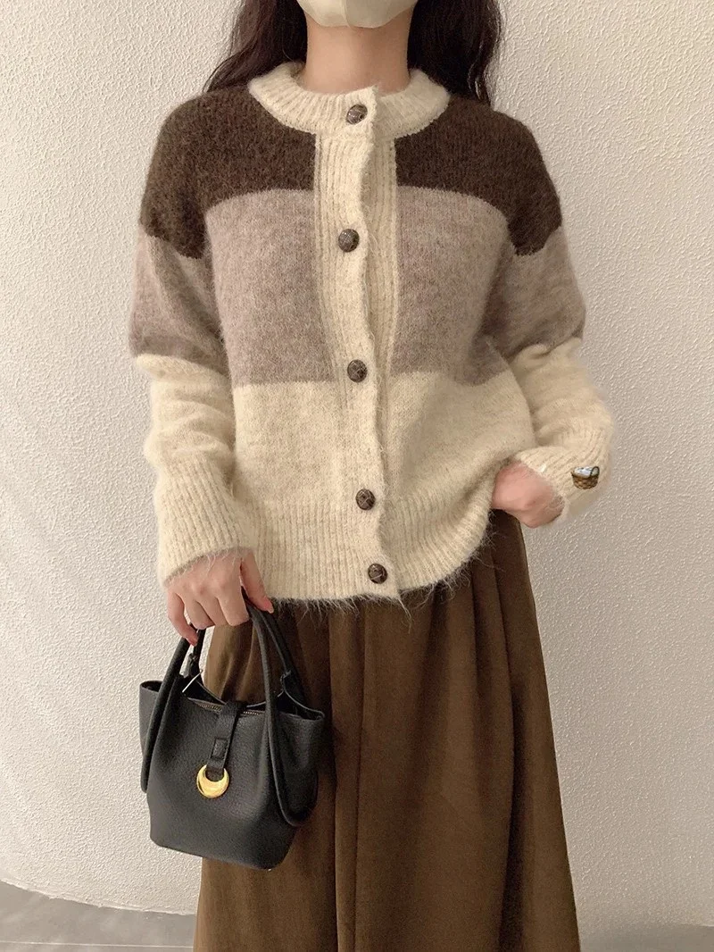 Korean Sle round Ne Knitted Open Cardigan Women's Autumn Winter New Soft Cozy Striped Color Blo Casual Sweater Jaet