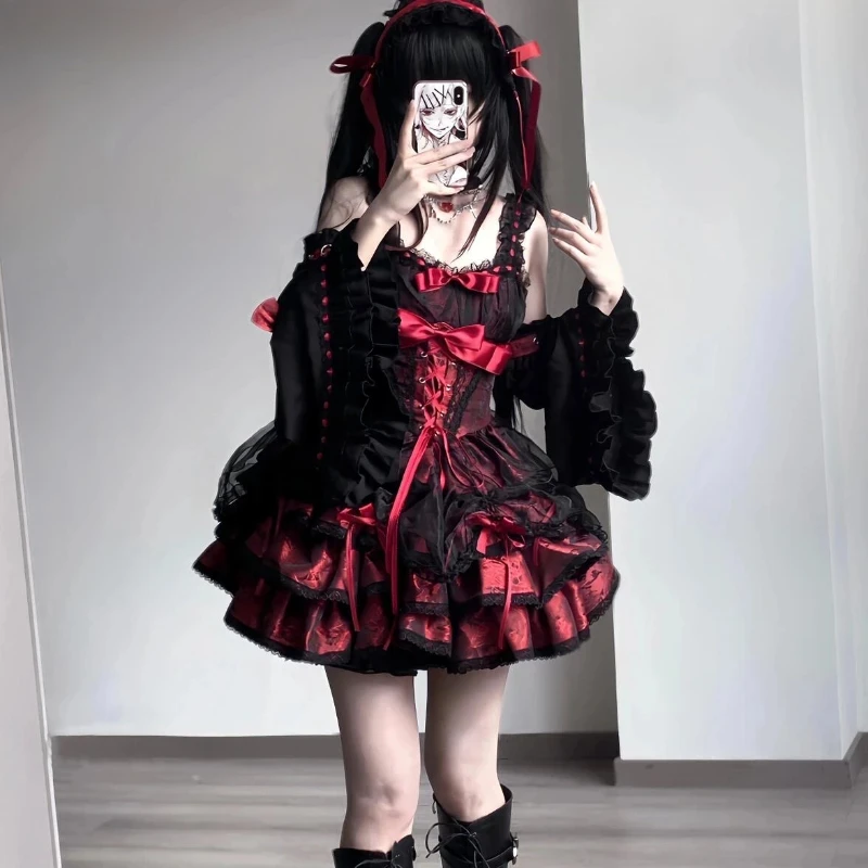 Y2k Japanese Gothic Lolita Jsk Dress Women Harajuku Bow Lace