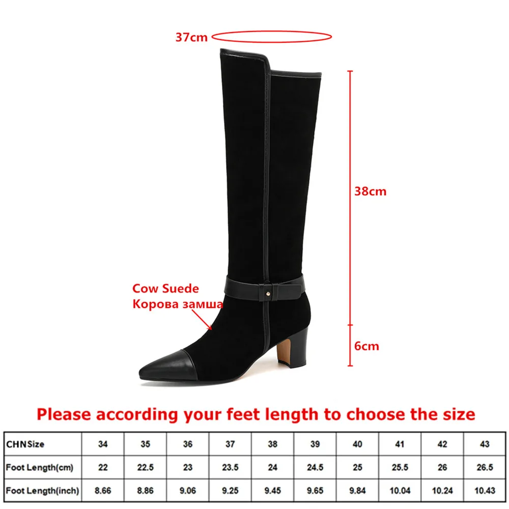 MILI-MIYA Women's Pointed-Toe Calf Leather And Suede Knee-High Boots With Chunky Heels Slip-On Design And Warm Fleece Lining