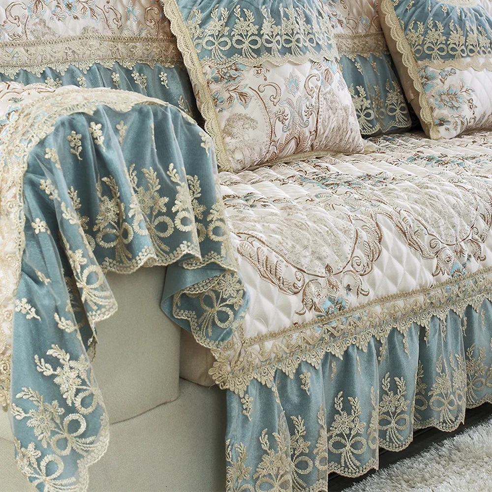 

Pale Blue Luxury Linen Cotton Sofa Cover Jacquard Lace Sofa Cover Splicing Modular Slipcovers Non-slip Sofa Towel Pillow Case