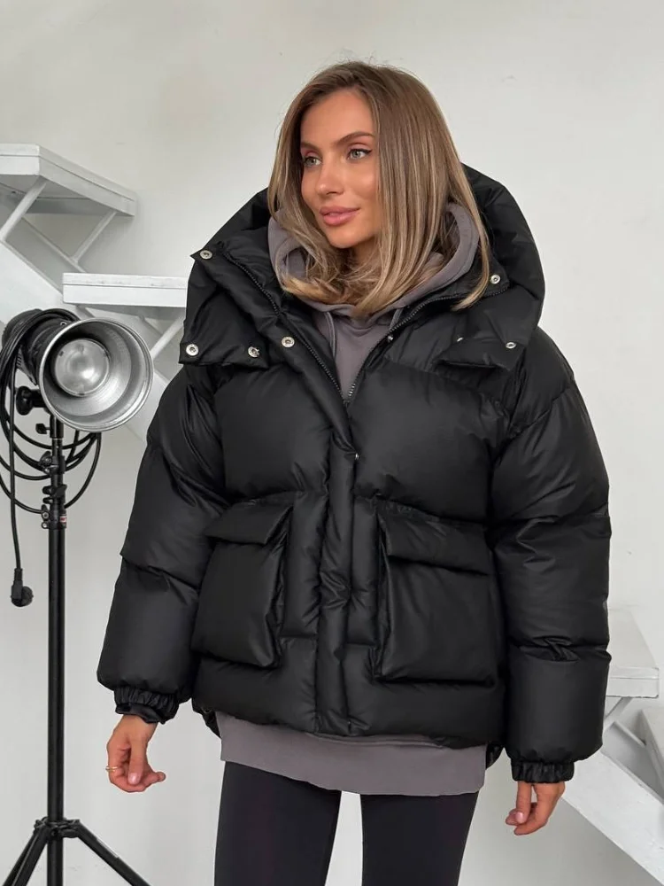 

Casual Women Solid Hooded Cotton Jacket Fashion Stand Collar Full Sleeve Zipper Loose Warm Coat Lady Winter Daily Street Jackets