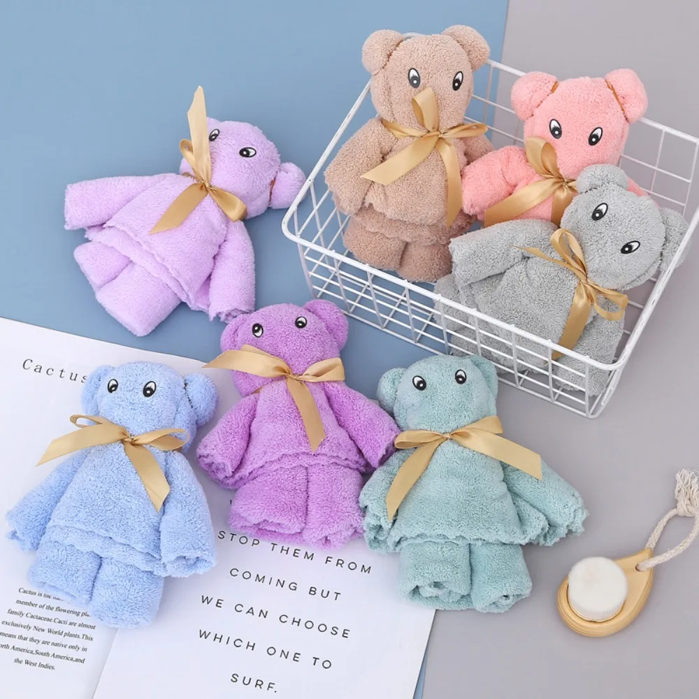 Absorbent Bear Shape Folding Towel Quick-Drying Coral Fleece Handkerchief Gifts Hanging Present Towels