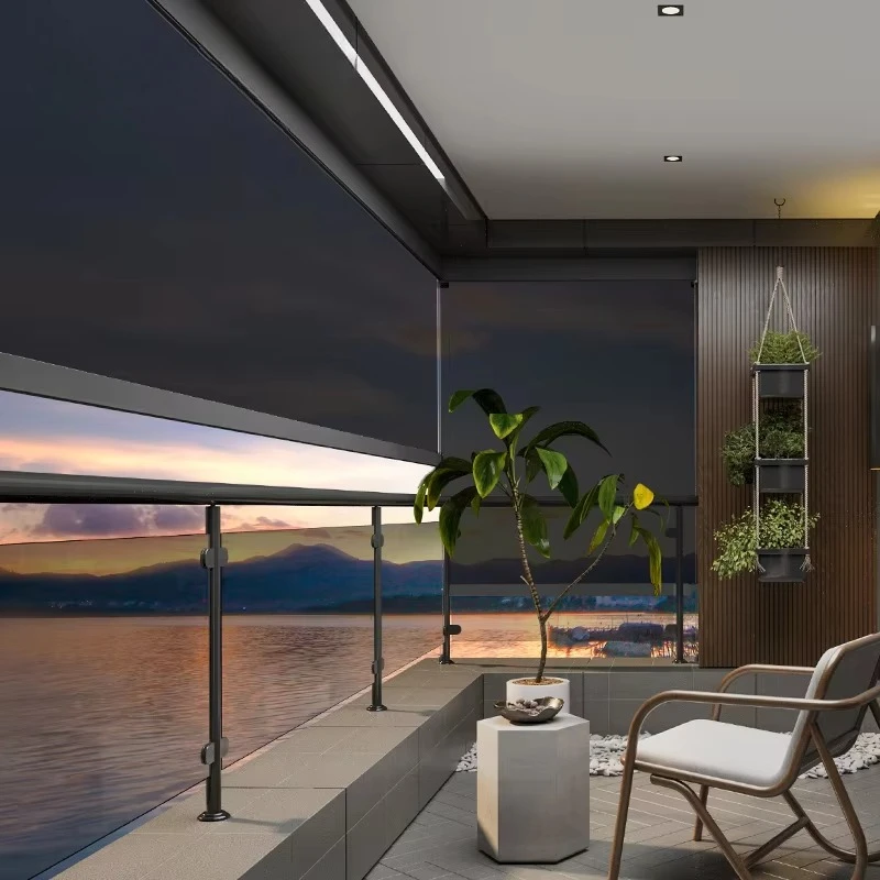 

Modern Office Hotel Custom High Thick Fabric Garden Shades Electric Motorized Horizontal Windproof Roller Blinds Built-in Plain