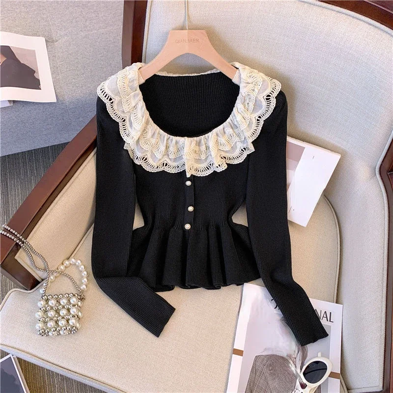 OCEANLOVE Lace Ruffles Sweaters Women Tops Peter Pan Collar Patchwork Elegant Pull Femme Korean Fashion Autumn Winter Pullovers