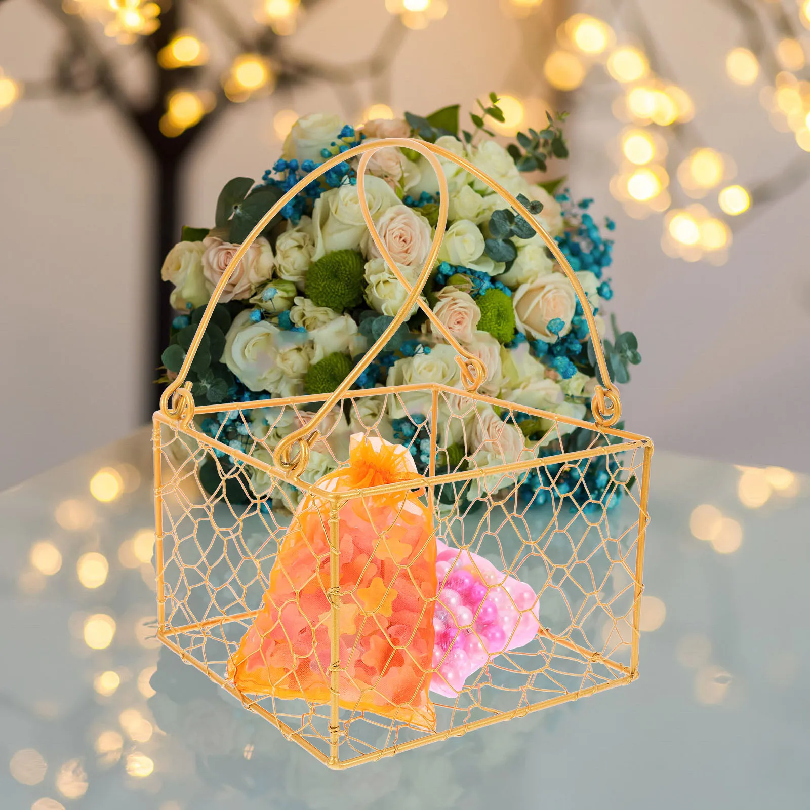 سلال سلة بمقابض زهرة زفاف أنيقة لحفلات الزفاف المعدنية