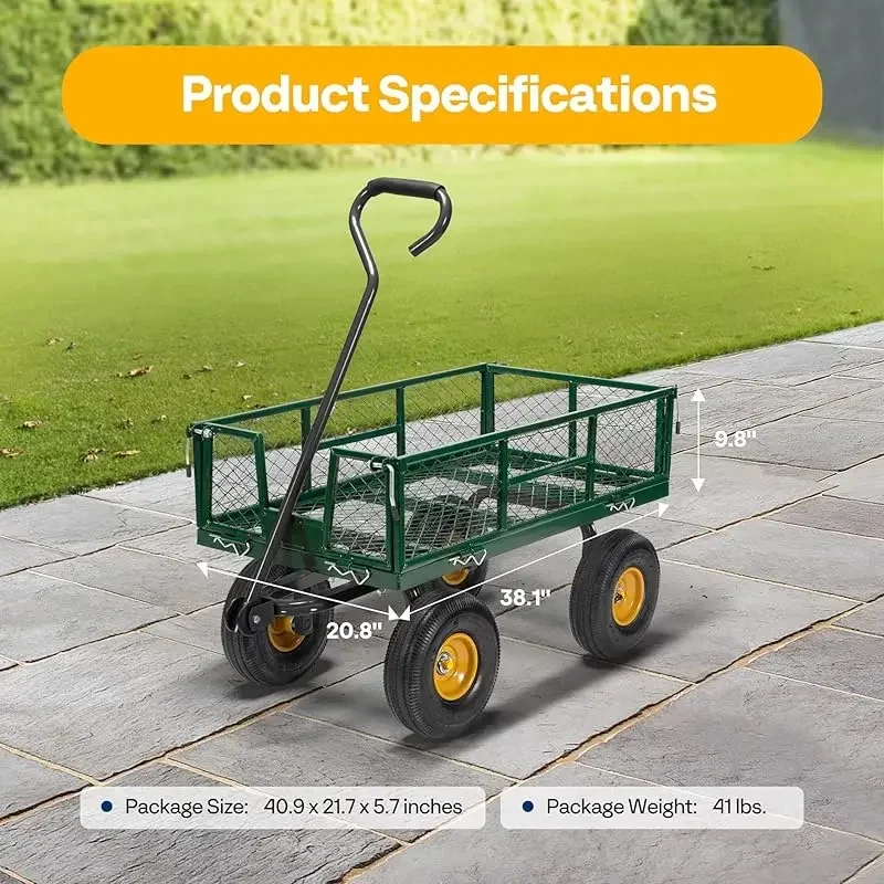 Mesh Steel Garden Cart Folding Utility Wagon with Removable Sides, Heavy Duty 880 Lbs Capacity and Wheels 10 Inch Tire