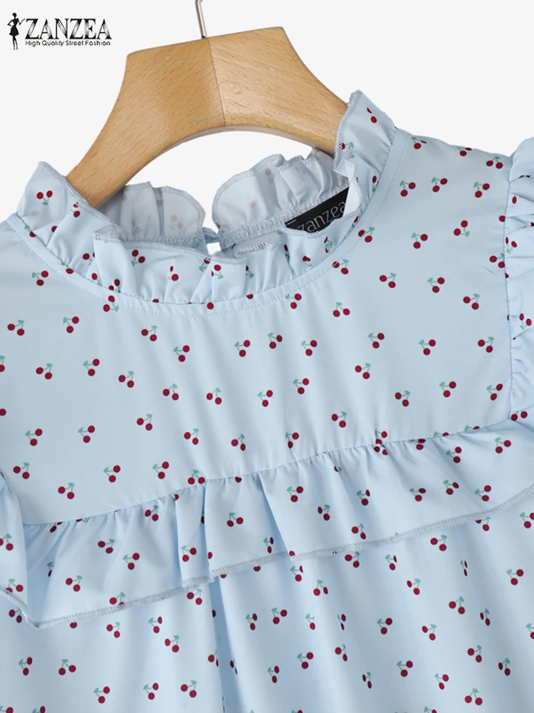 خمر قميص مطبوع ZANZEA المرأة عادية كم طويل بلايز الربيع الوقوف الرقبة العمل بلوزة أنيقة الكشكشة عطلة Blusas تونك