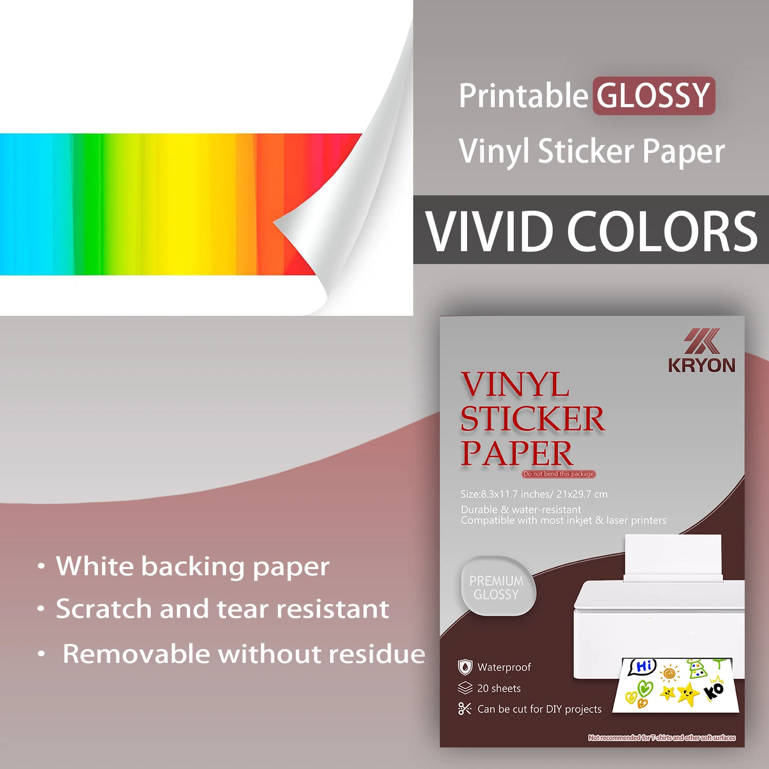 Glossy White Printable Vinyl Sticker Paper 10/20 Sheets for Inkjet Printers Water-Resistant Adhesive Label Paper 8.3x11.7 Inch view 3