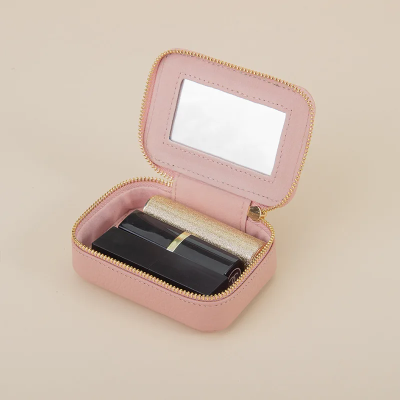 PS Genuine Leather Printing Lipstick Bag With Mirror Pillow Shape Makeup Box Elegant Earring And Jewelry Storage Case For Ladies