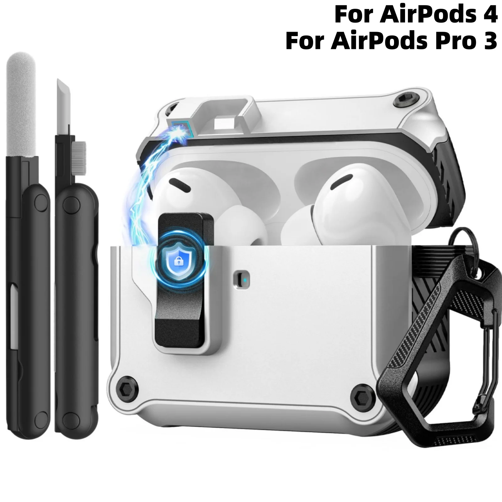 for Airpods Pro 3/4 Case Secure Lock Clip Automatic Pop-up Full Drop Protective Case Cover for AirPods 4/Pro 3 with Cleaning Kit