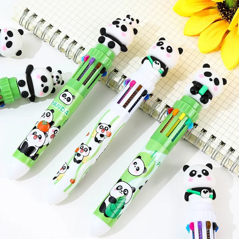 12 Pcs Wholesale Cute Cartoon Panda Press 10 Colors Ballpoint Pens for School Supplies Student Supplies