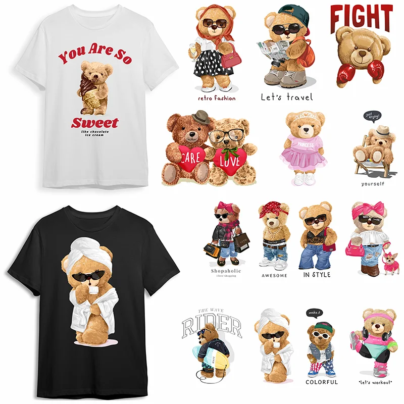 Too Teddy Girl Bear Ironed Sticker Clothes DTF Fashion T-shirt Hoodie DIY Jacket Patch Hot Paste Paper