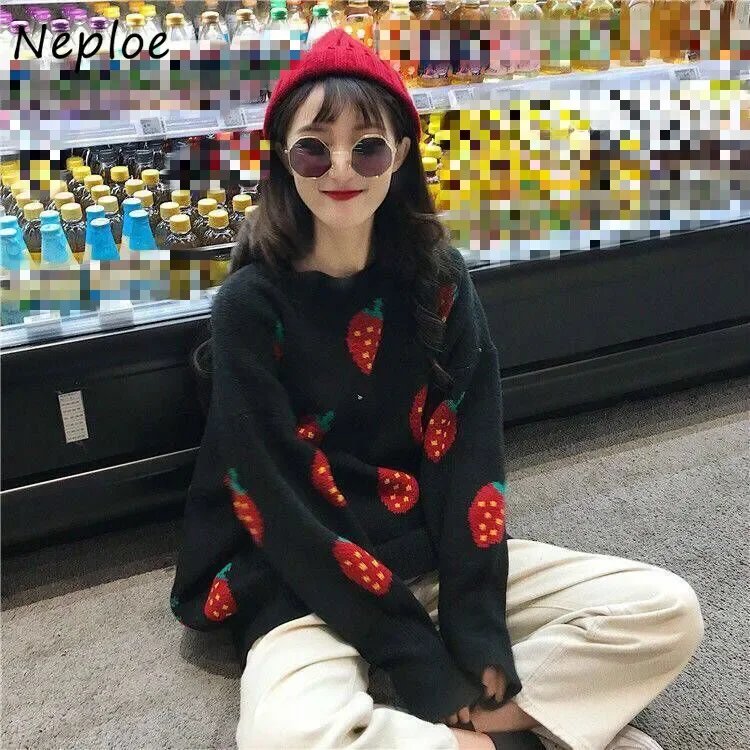 Neploe Women Oversized Sweater Pullovers O-neck Strawberry Pattern Printed Pull Jumpers Long Sleeve Street Knit Tops 1E786