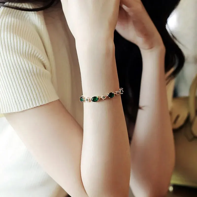 Luxury Green Rhinestone Crystal Bracelet Gold Color Link Chain Bracelets For Women Vintage Party Wedding Bridal Jewelry Gifts K-