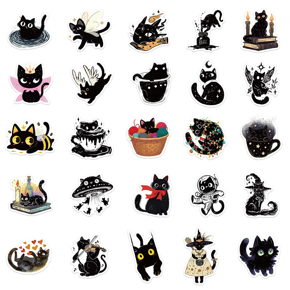 10/30/50pcs Cartoon Black Cat Stickers Kawaii Girl Decal DIY Scrapbook Phone Guitar Laptop Waterproof Cute DIY Sticker Wholesale