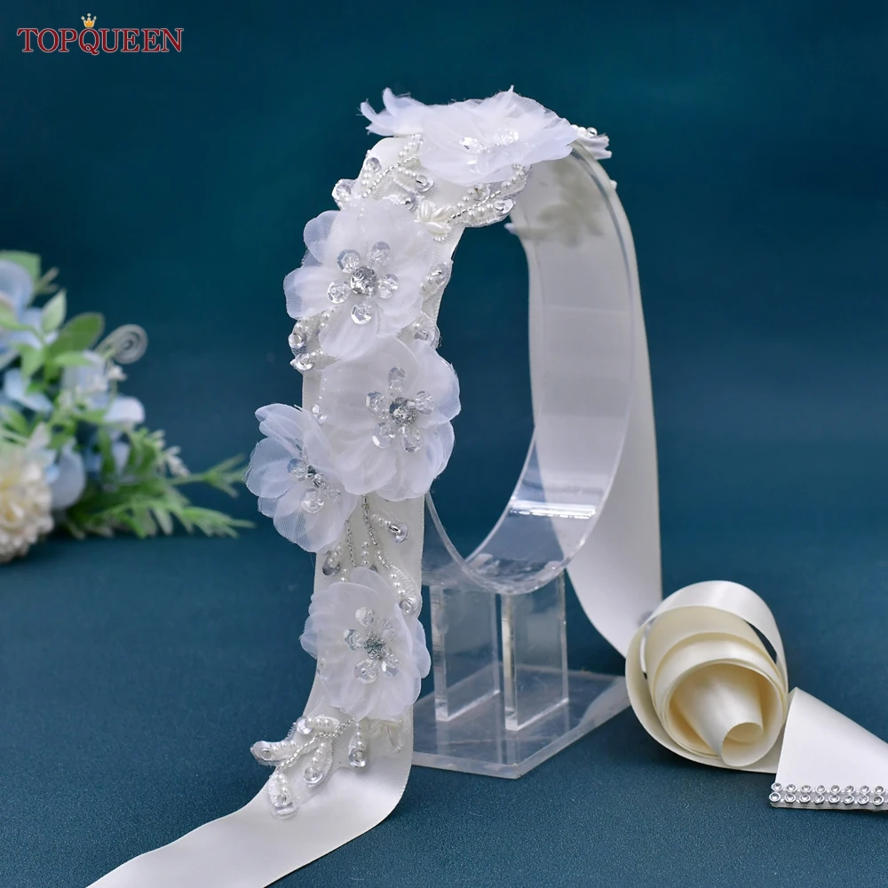 TOPQUEEN S249 White Flower Belt Bride Wedding Dress Accessories Fancy Pearl Sequin Appliques Evening Party Prom Women Sash