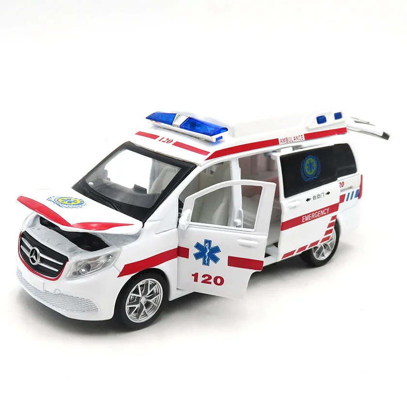 1:32 Benz Ambulance High Simulation Diecast Metal Alloy Model Car Pull Back Sound Light Car Children Gift Collection