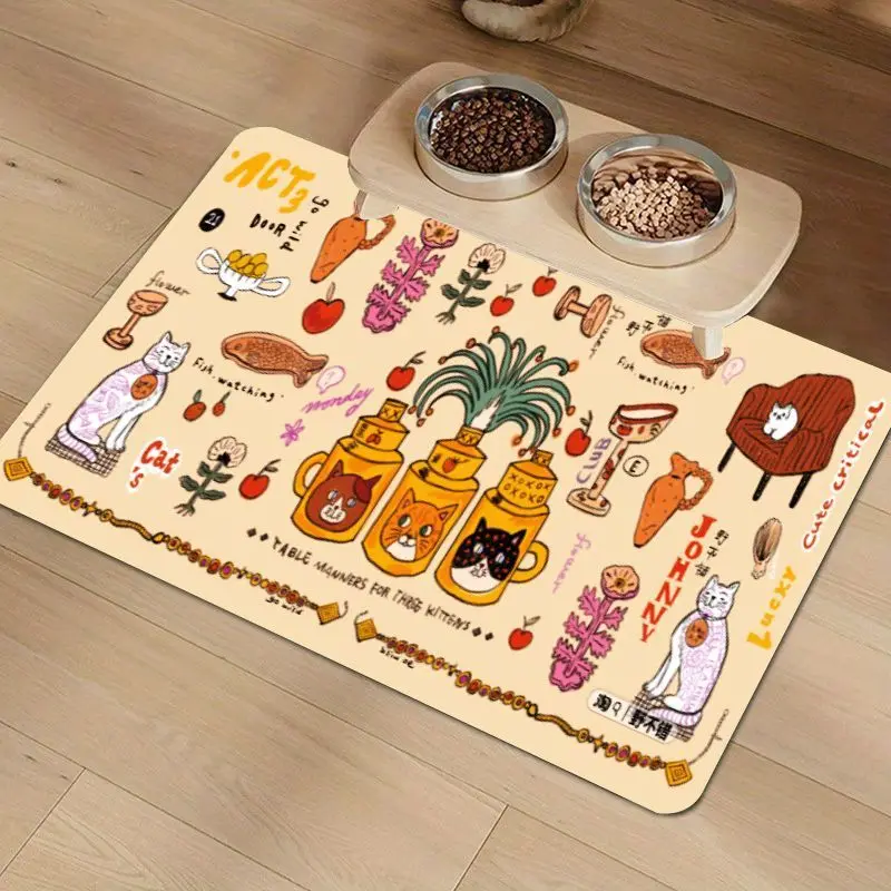 VIKAMA Retro Graffiti Art Printed Pet Feeding Mat Non Slip Water Absorbing Washable Floor Mat Home Pet Meal Mat Home Decoration