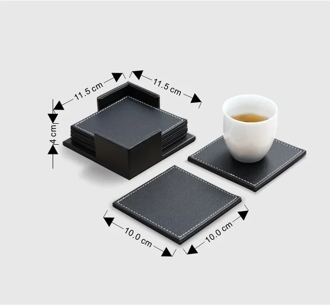 6pcs/Set Business Leather Coasters Heat Insulation Coasters Tea Square Leather Tea/Coffee Cup Pad Desk Decor