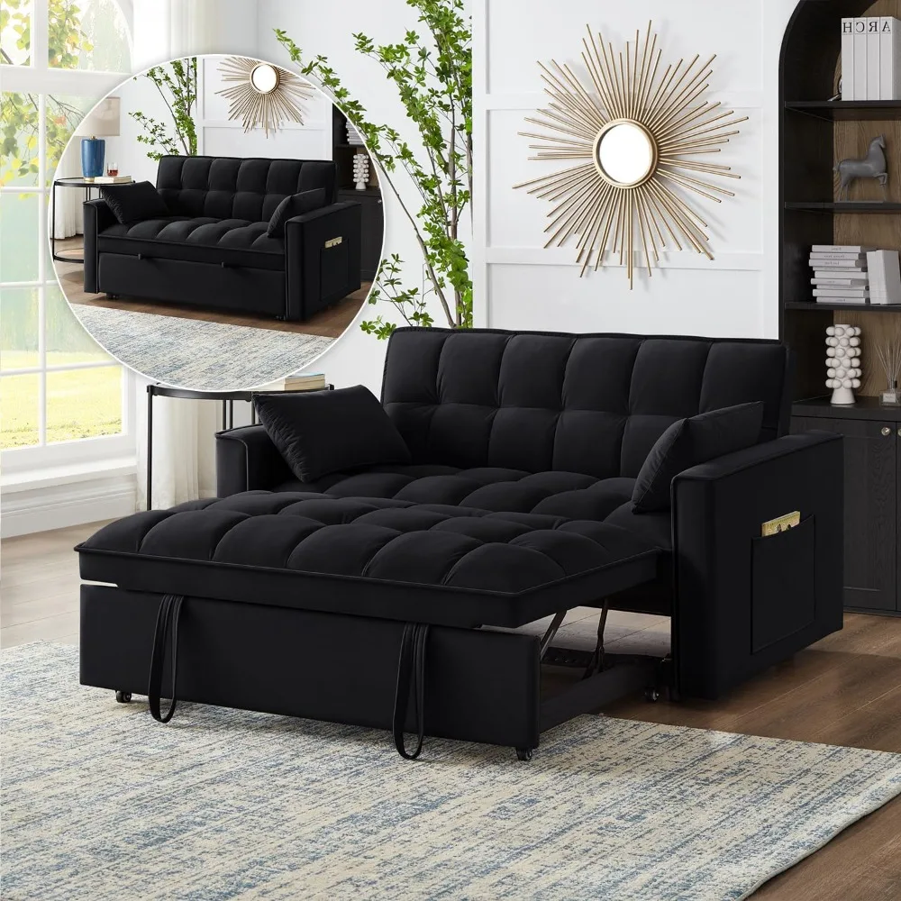 3 in 1 Sleeper Sofa Couch Bed, Velvet Convertible Sofa Bed with Armrests, Storage Pockets & 2 Pillows, Modern Sofa Bed Couch