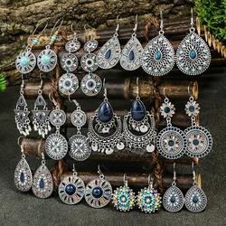 Blue New Alloy Earrings Turquoise Inlaid Bohemian Retro Geometric Round Multi Layered Design Vacation Party Versatile