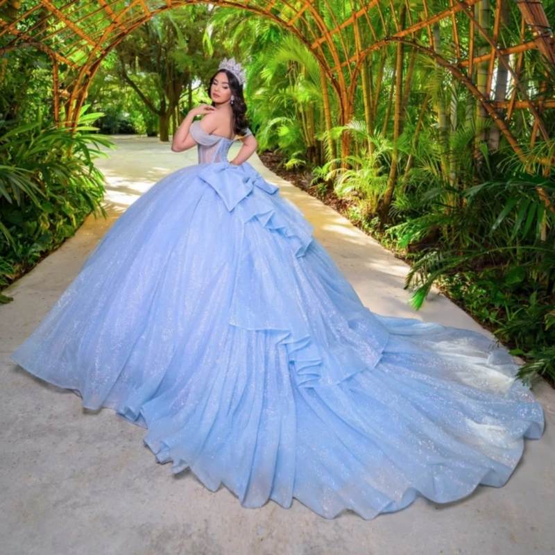 

Sky Blue Shiny Quinceanera Dresses Ball Gown Off The Shoulder Beading Crystal Bow Tull Corset Party Sweet 16 Dress Vestidos 15