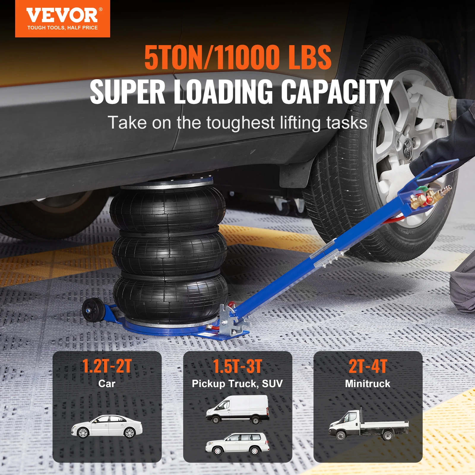 VEVOR 5 Ton/11000 lbs Triple Bag Air Jack 3-5 s Fast Lifting Pneumatic Jack with Adjustable Handle for Car Garage Repair