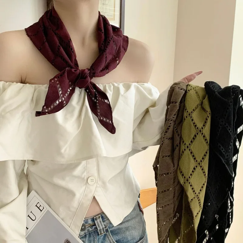 

Cotton and linen hollow-out headscarf triangle shawl for women, early autumn new style, hip veil, multi-purpose waist-tie scarf,