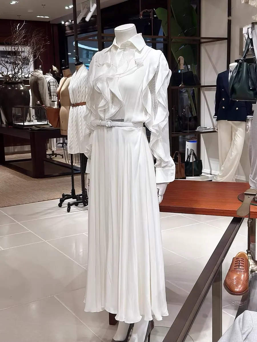 

Elegant Office Ladies Shirt Dress Fashion Women's Ruffles White Midi Dress High Quality Summer Silk Dress Long