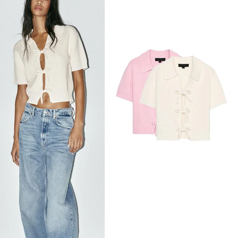 

Summer New Women's Knitted ort Sve round Ne Top Knot Decoration Slim Fit Polyester Fiber V-Ne Button Closure