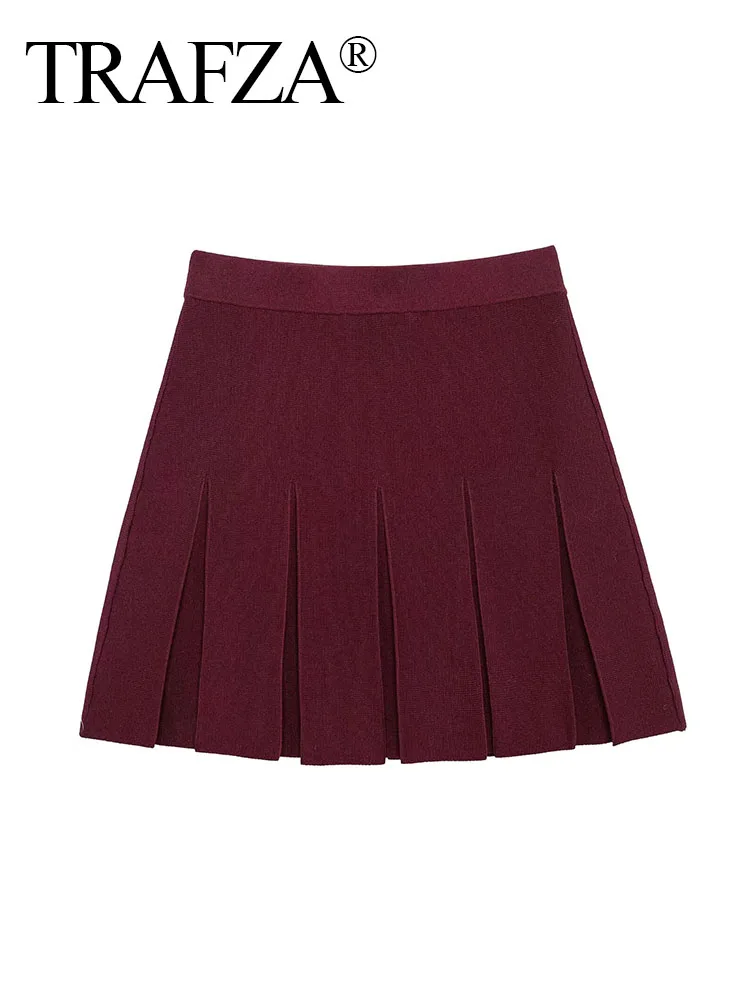 TRAFZA Woman Fashion High Street Pleated A-line Skirt Women Elegant Elastic Waist Casual Short Skirt Knitted Mini Skirt Mujer