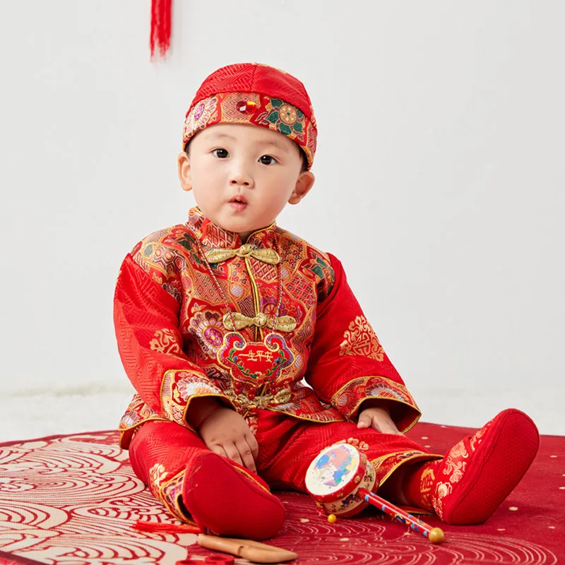 Kinder Baby Tang Pak Hanfu Nieuwjaarswensen Rood Pak Prachtige Bedrukte Borduurwerk Oude Kleding Cosplay Kostuums