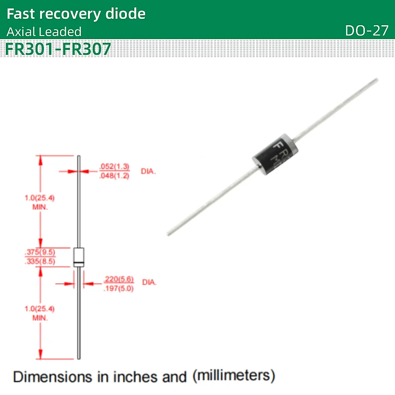 50pcs/lot Fast recovery diode DO-27 FR301 FR302 FR303 FR304 FR305 FR306 FR307 50/100/200/400/600/800/1000 Volts 3.0Ampere