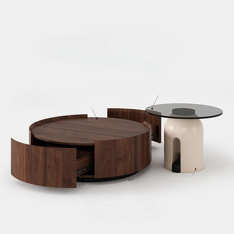 

Cream wind round coffee table, walnut color, minimalist living room, high and low combination, storage coffee table