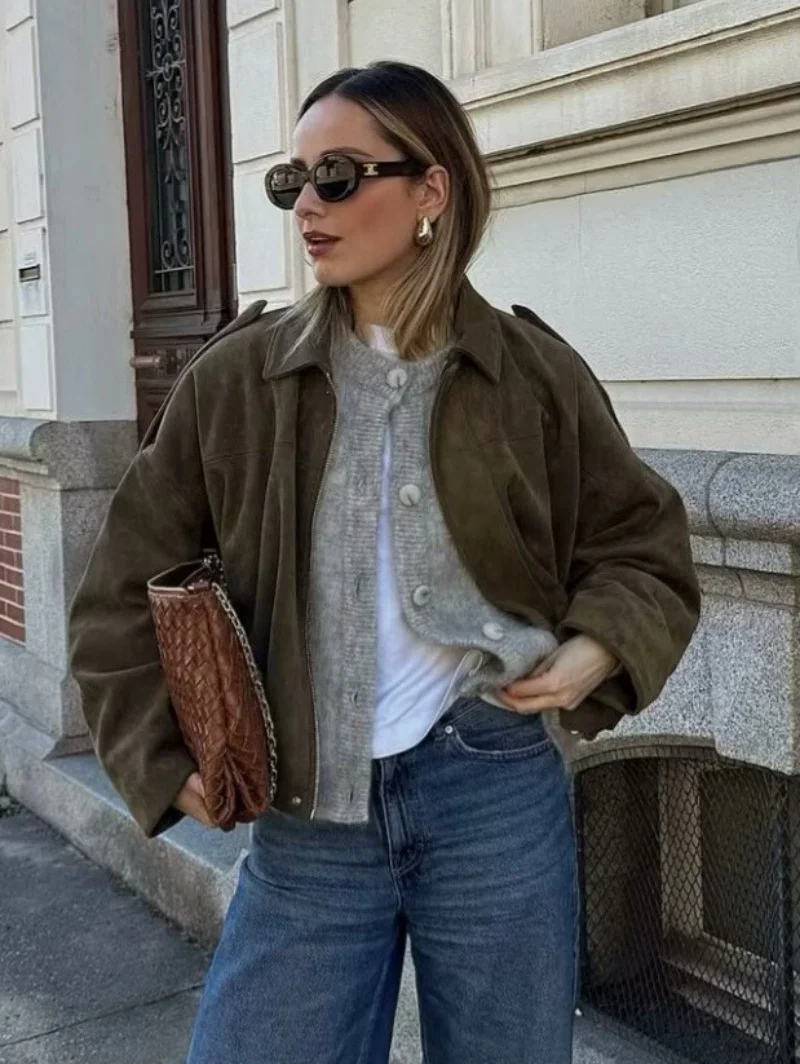 

Новинка 2023 года, весенне-осенние куртки, модные женские замшевые текстурированные пальто с эффектом, свободная версия, пальто с лацканами, повседневная уличная куртка-бомбер на молнии