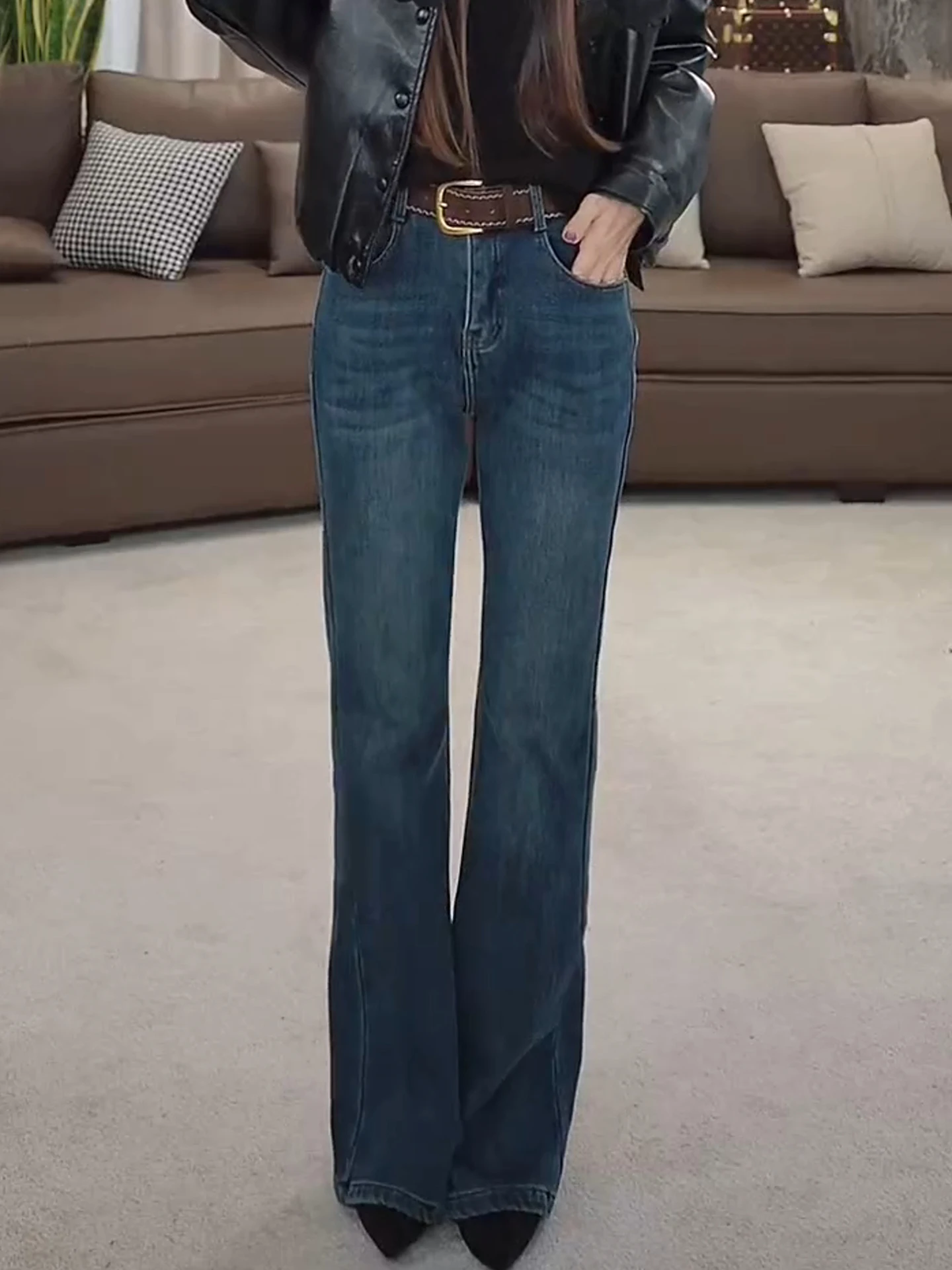 

Thiened Fce Autumn Winter Jeans High Waist Bell Bot Slimming Denim Pants Ladies Straight Leg Cotton Warm Bootcut