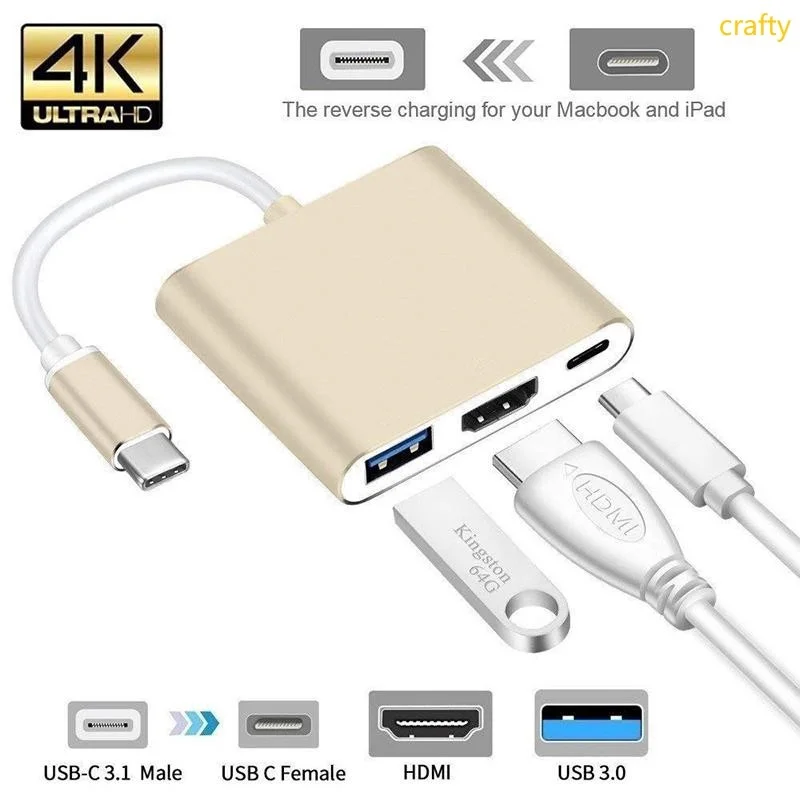 [crafty]3 em 1 Hub Tipo C para HDMI USB 3,0 Conversor 4K / Adaptador Shell Alumínio