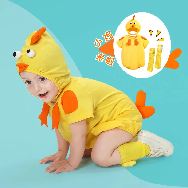 Summer Kawaii Chick Newborn Baby Clothes Girl Boy Bodysuit Romper Baby Short sleeved Chick Cotton Hooded Outfit Toddler Infant