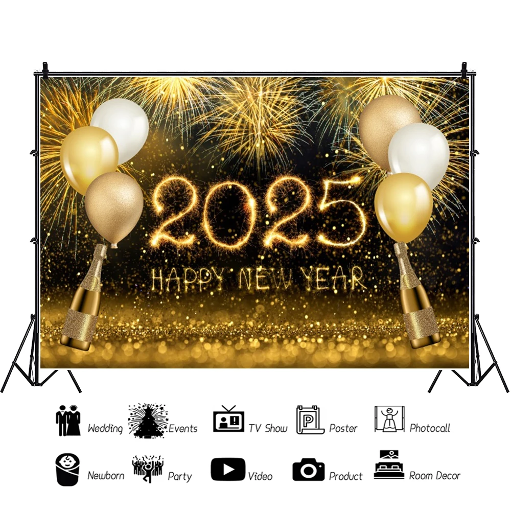 Laeacco Happy New Year Photography Background Fireworks Champagne Gold Glitter Balloons Family Celebrate Party Portrait Backdrop