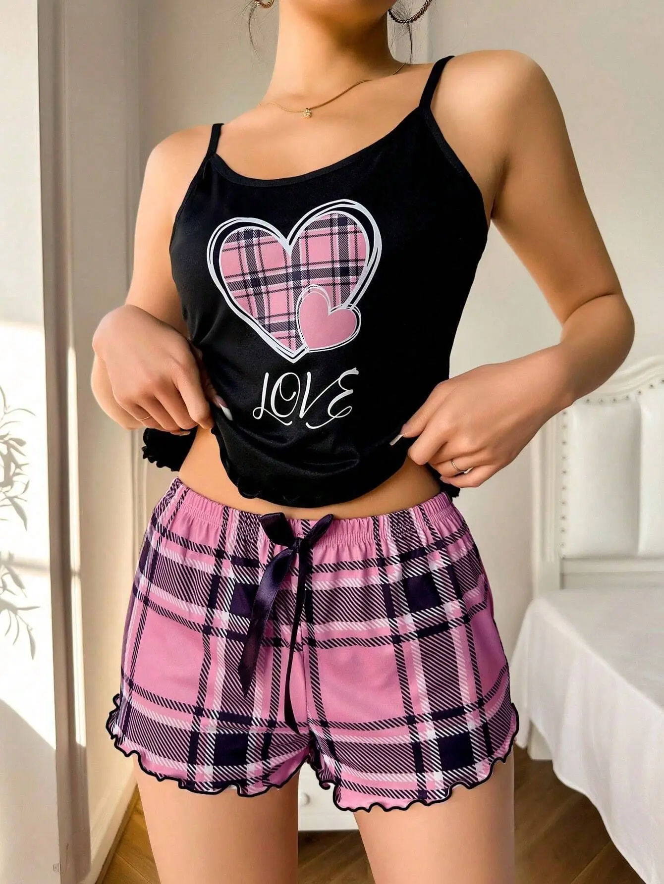 Frauen Sexy Hosenträger Shorts Dünne Pyjamas Brief Drucken Plaid Shorts Große Pyjamas Romantische Hause Tragen Sexy Nachtwäsche Kurze Pyjama – Detail 12