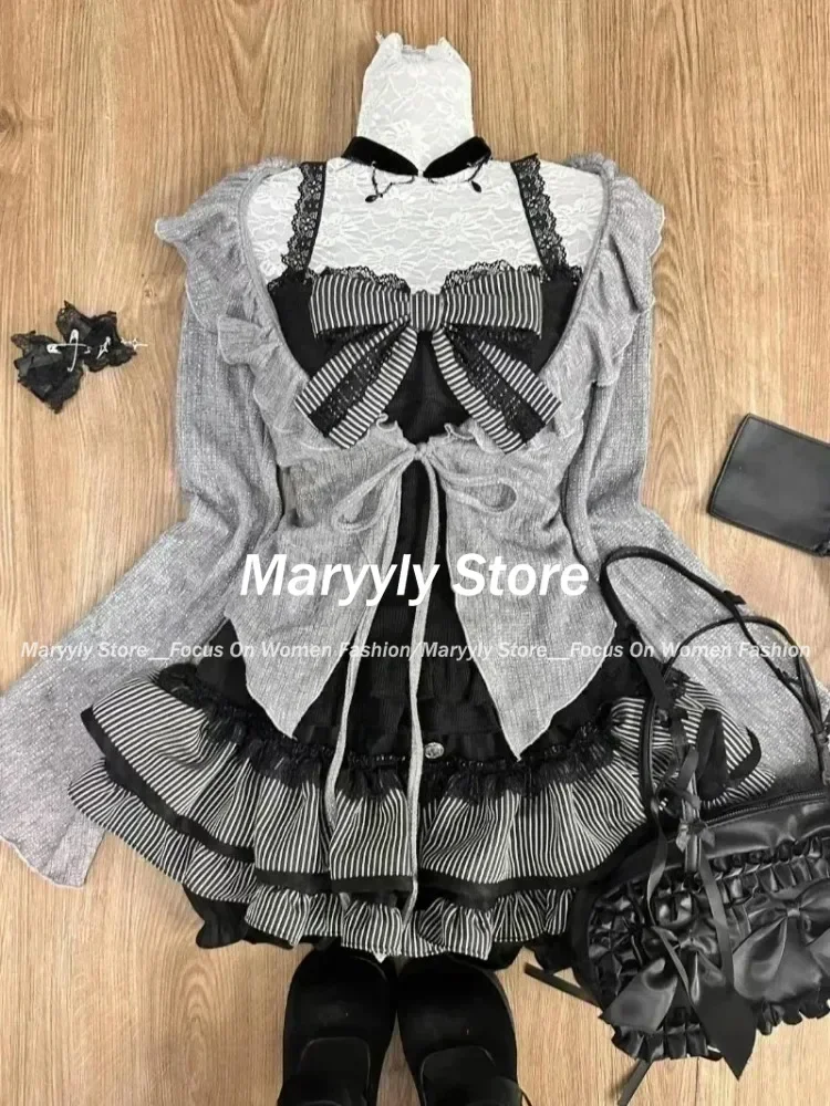 Autumn Japanese Sweet Lolita outfits 3 Piece Set Women Casual Knitted Cardigan+ Sexy Slim Lace Vest Tops+ High Waist Cake Skirt
