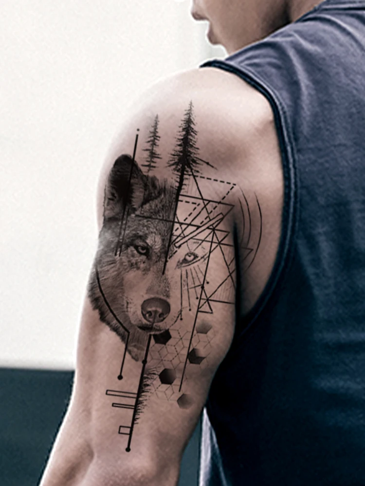 مقاوم للماء المؤقتة الوشم ملصق الغابات الذئب هندسية شرسة واقعية الحيوان الجسم الفن الذراع وهمية الوشم كم النساء الرجال #3