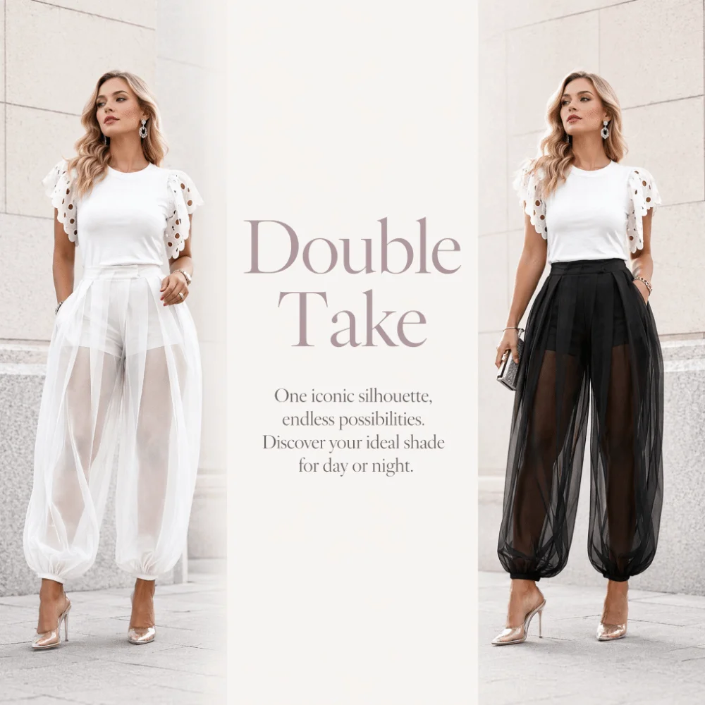 Elegant Sheer Mesh Tulle Lantern Pants High Waist See-Through Balloon Pants Elastic Cuff with Pockets Loose Trousers for Women