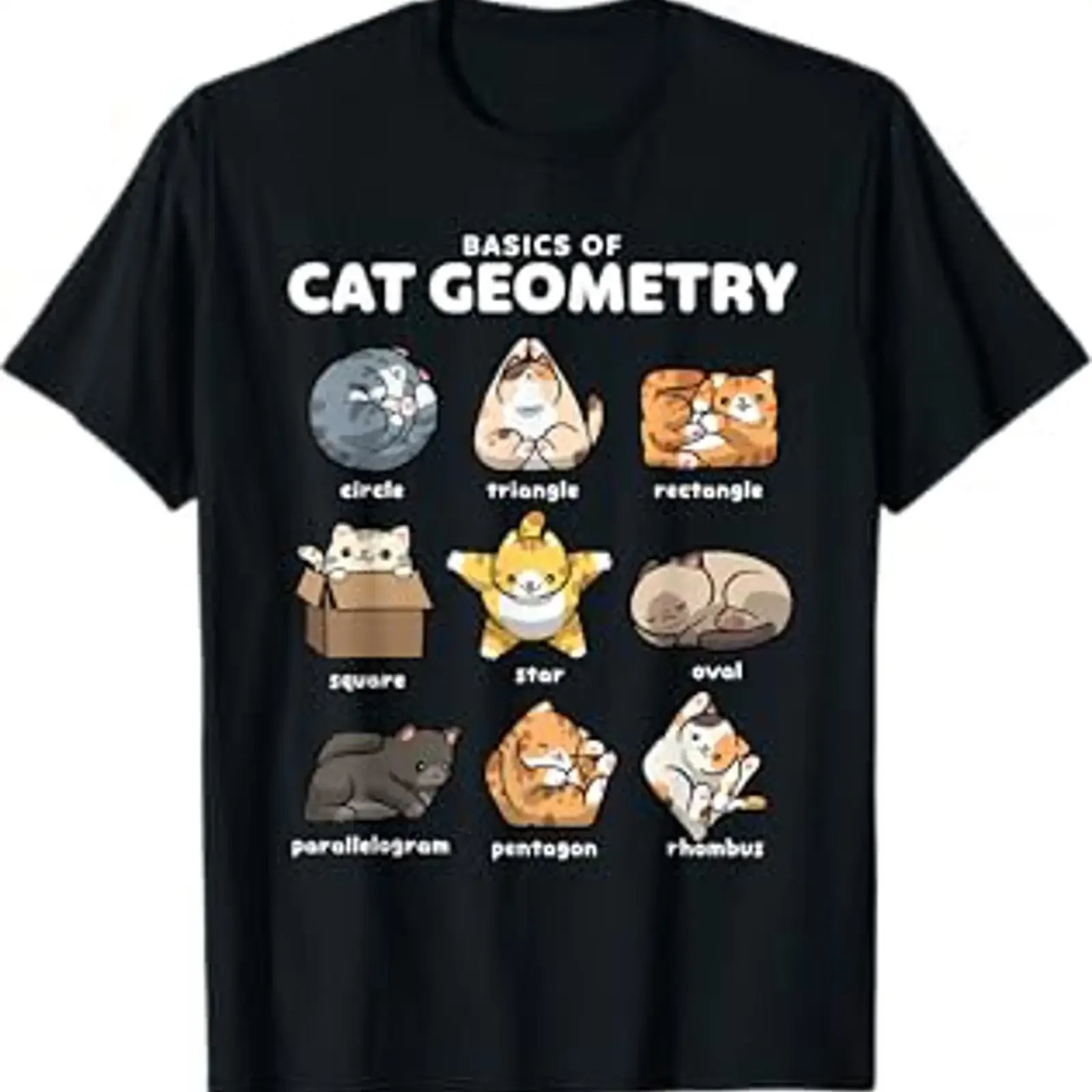 Basics of Cat Geometry Funny Shapes Design T Shirt vintage Washed Soft Casual Unisex streetwear Top For Everyday Wear Slightly