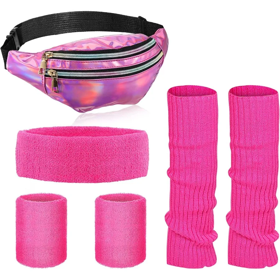 

80s Women Workout Outfit Set with Neon Leg Warmers Headband Wristbands and Fanny Pack Retro Fitness Accessories for Yoga Runnin