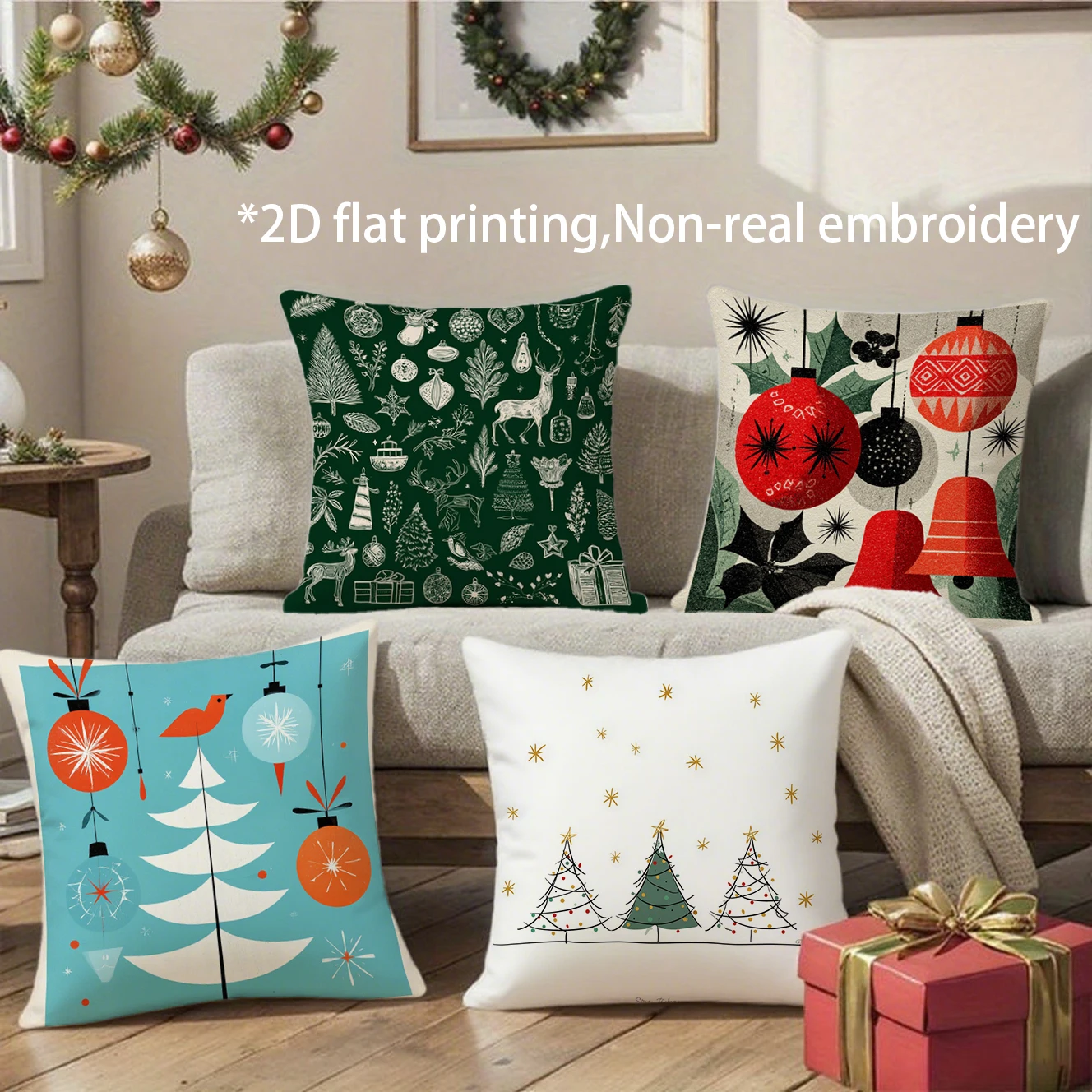 Christmas Retro Throw Pillow Covers Pattern Cushion Cover Suitable for Sofa Bedroom Car Pillow Cover