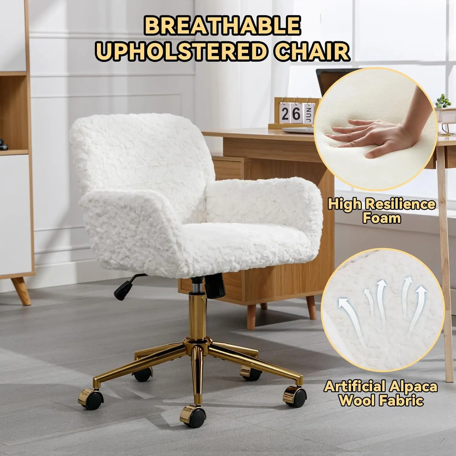 HMFULE Artificial Rabbit Hair Home Office Chair with Golden Metal Base Adjustable Desk Chair with Wheels Computer Vanity Chair f