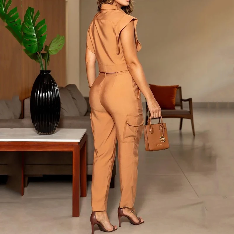 Wefads Two Piece Set Women Summer Casual Chic Solid Lapel Single Breasted Button Flying Sleeve Top Cargo Pants Sets With Belt